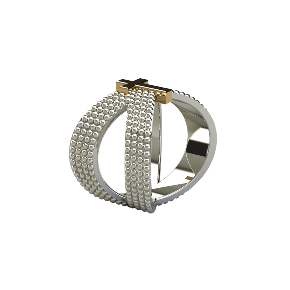Criss-Cross White Gold Studded Ring with Gold Cross - Image 2