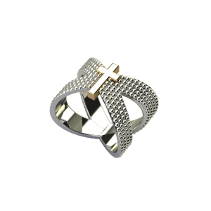 Criss-Cross White Gold Studded Ring with Gold Cross
