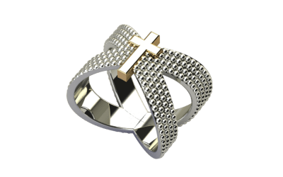 Criss-Cross White Gold Studded Ring with Gold Cross