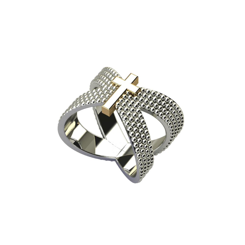 Criss-Cross White Gold Studded Ring with Gold Cross