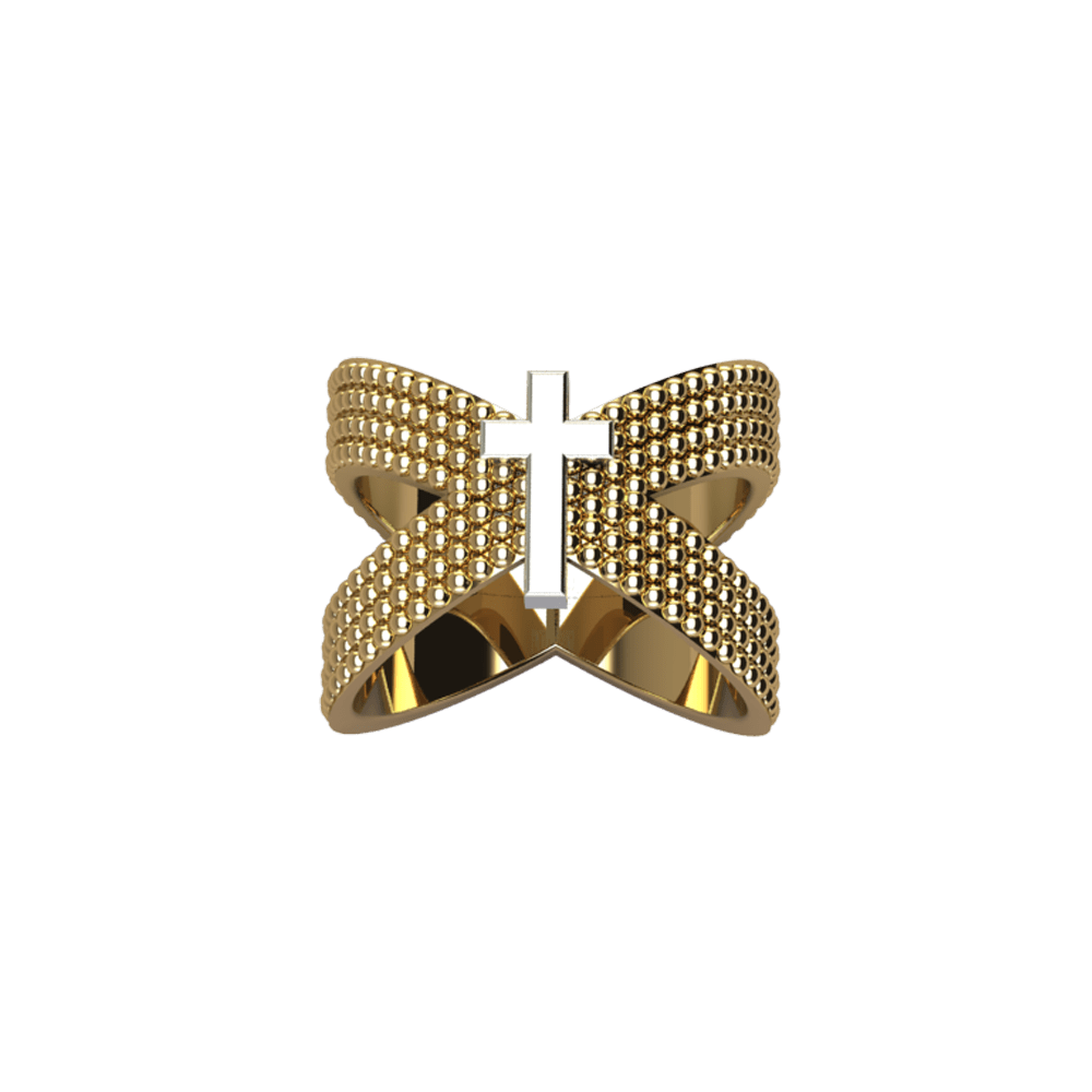 Criss-Cross Gold Studded Ring with White Gold Cross - Image 2