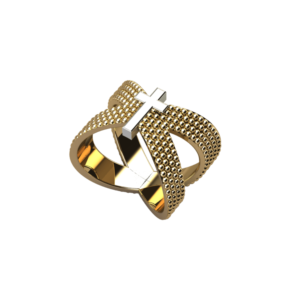 Criss-Cross Gold Studded Ring with White Gold Cross