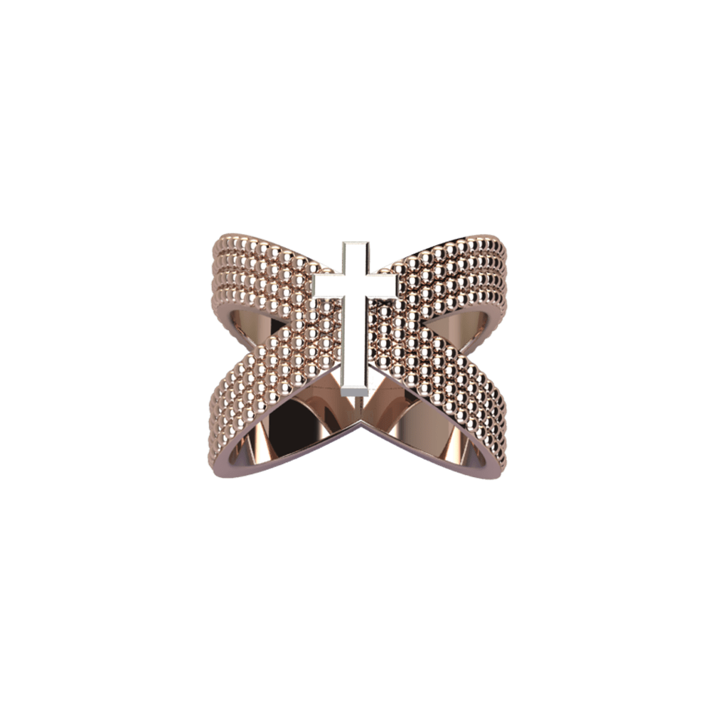 Criss-Cross Rose Gold Studded Ring with White Gold Cross - Image 2
