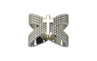 Criss-Cross White Gold Studded Ring with Rose Gold Cross
